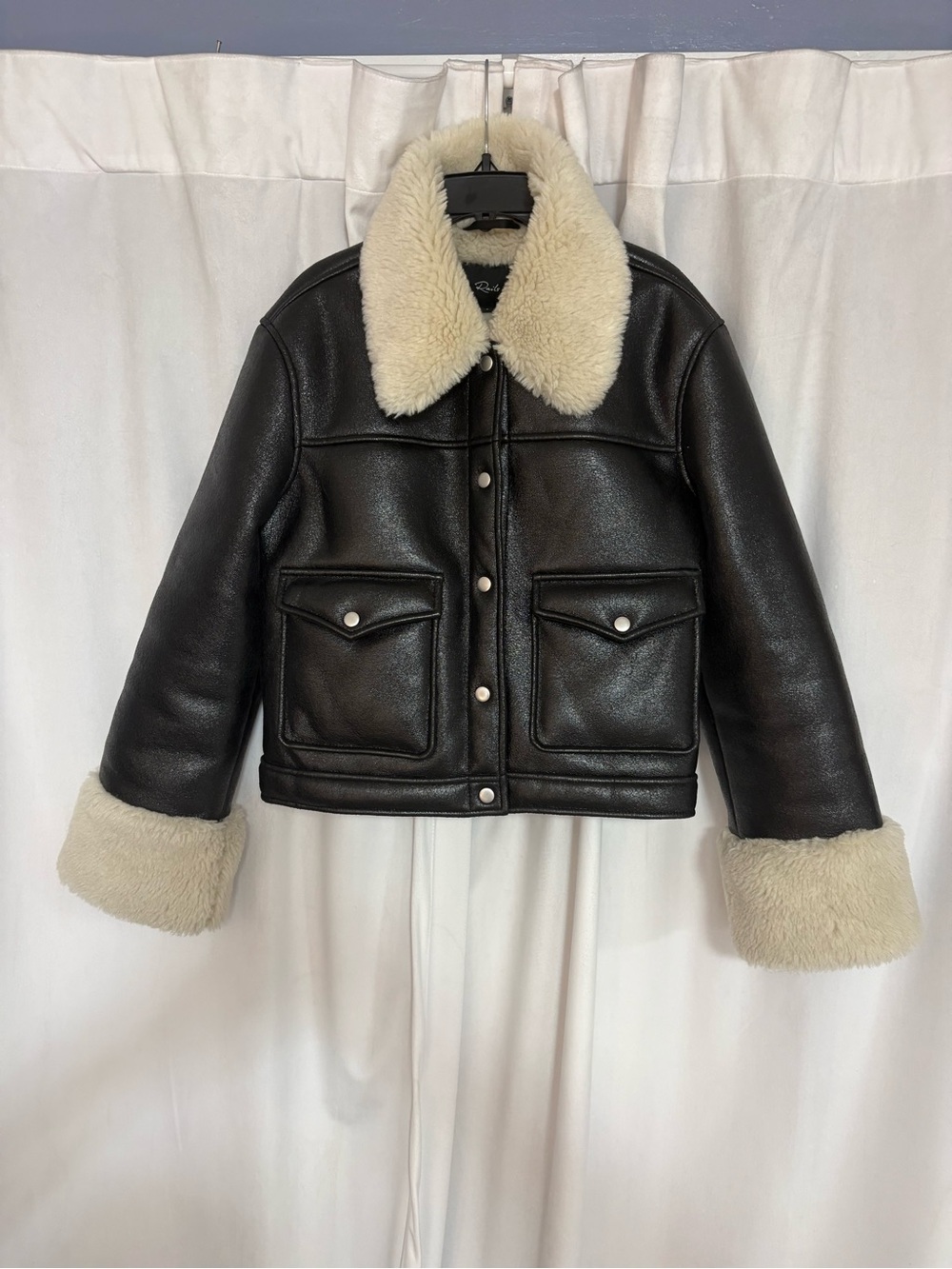 Rails Black Faux Leather Jacket with Cream Shearling Collar and interior